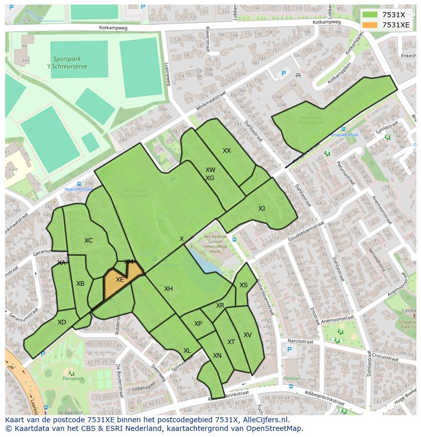 Afbeelding van het postcodegebied 7531 XE op de kaart.