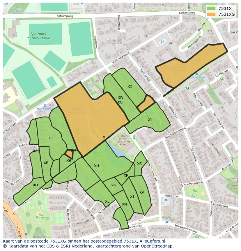 Afbeelding van het postcodegebied 7531 XG op de kaart.