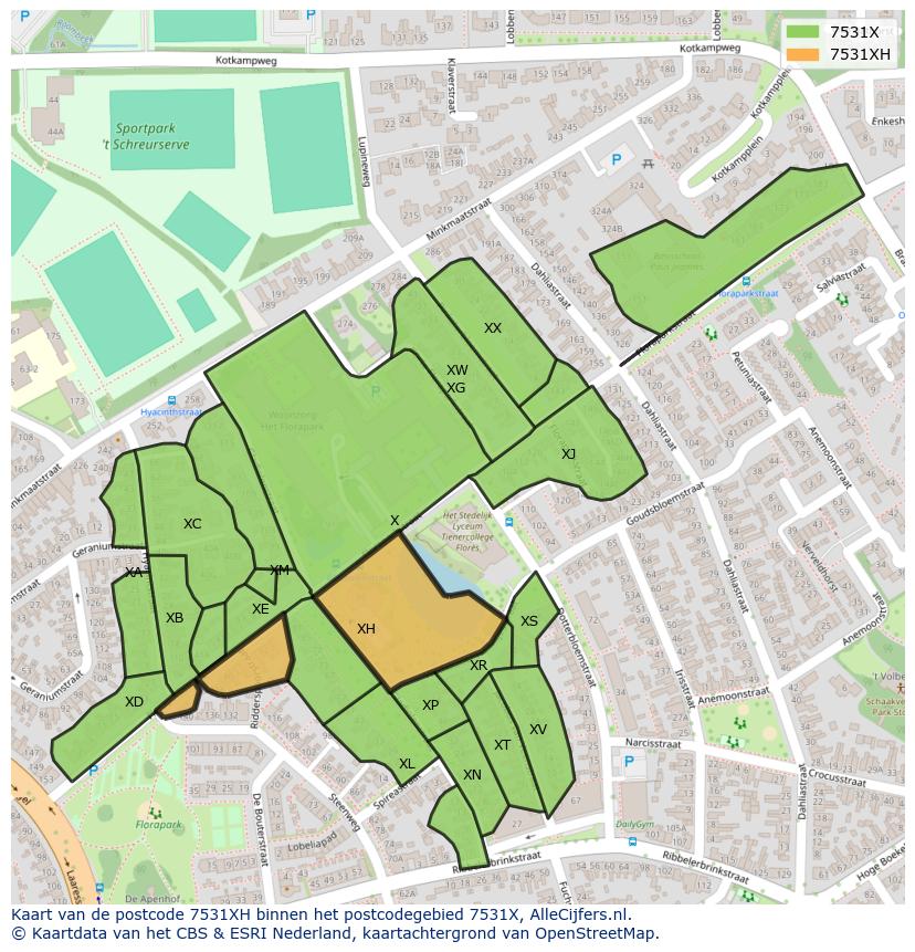 Afbeelding van het postcodegebied 7531 XH op de kaart.