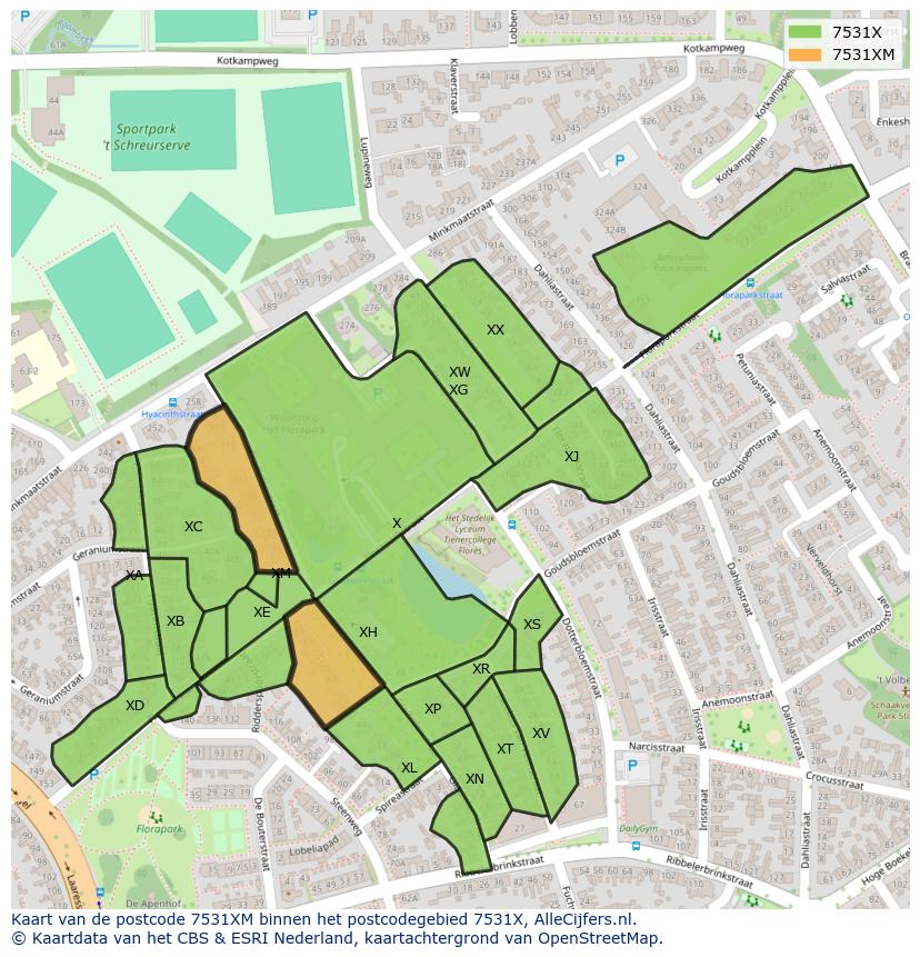 Afbeelding van het postcodegebied 7531 XM op de kaart.