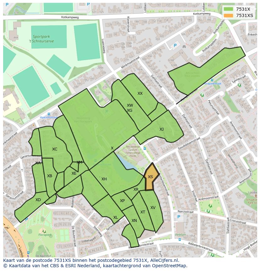 Afbeelding van het postcodegebied 7531 XS op de kaart.