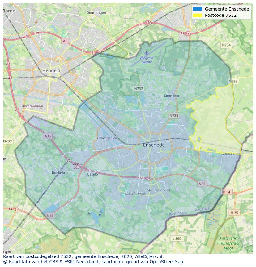 Afbeelding van het postcodegebied 7532 op de kaart.