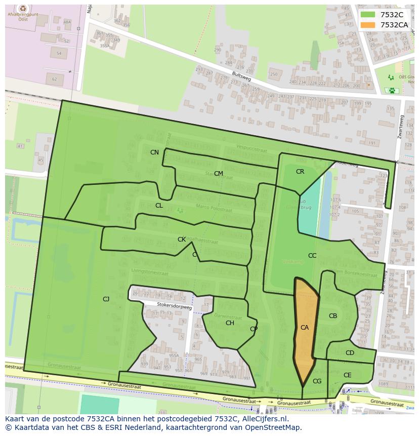 Afbeelding van het postcodegebied 7532 CA op de kaart.