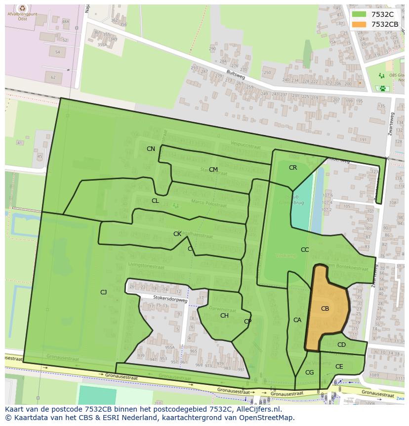 Afbeelding van het postcodegebied 7532 CB op de kaart.