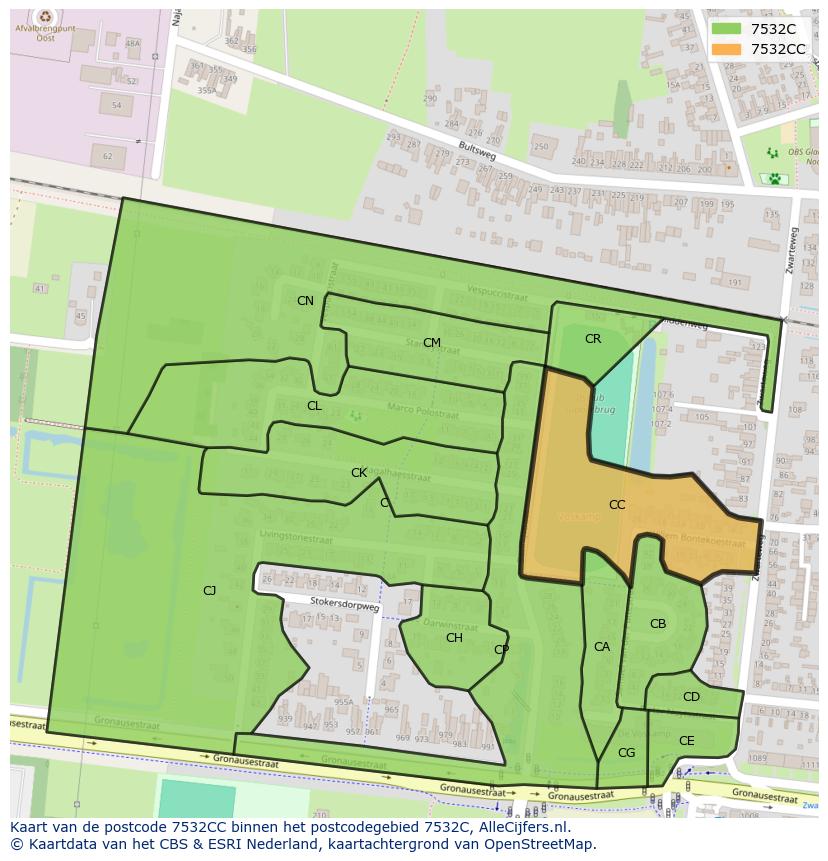 Afbeelding van het postcodegebied 7532 CC op de kaart.
