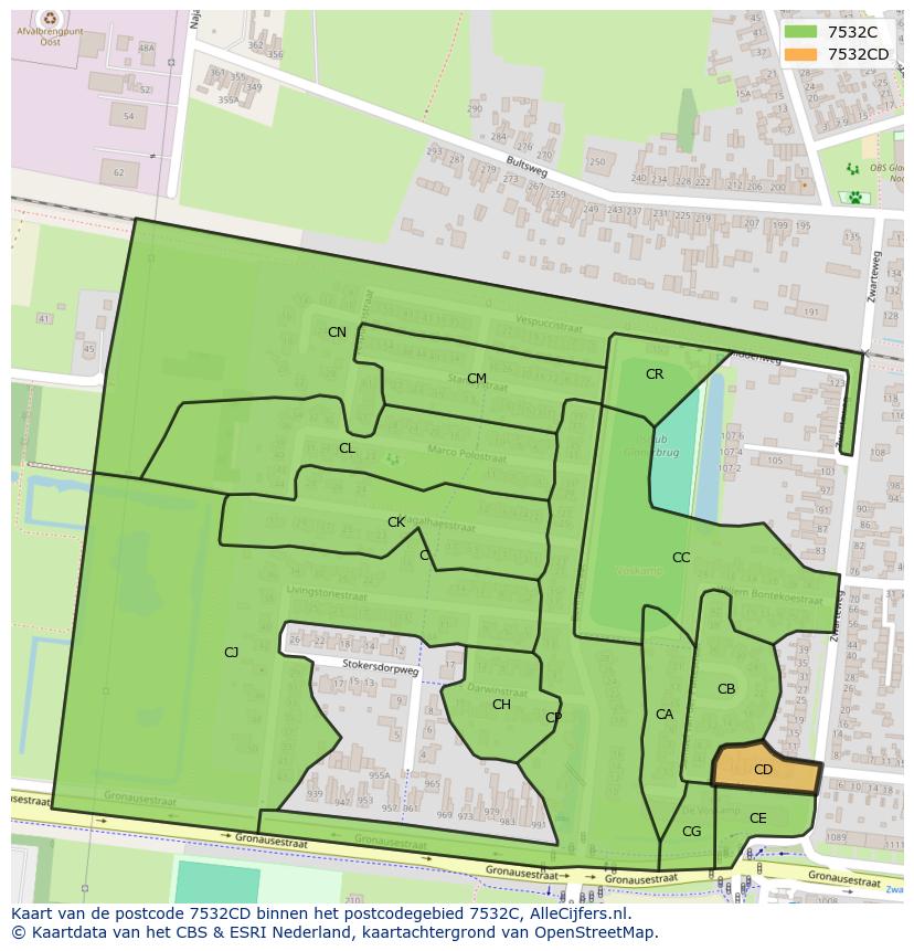 Afbeelding van het postcodegebied 7532 CD op de kaart.