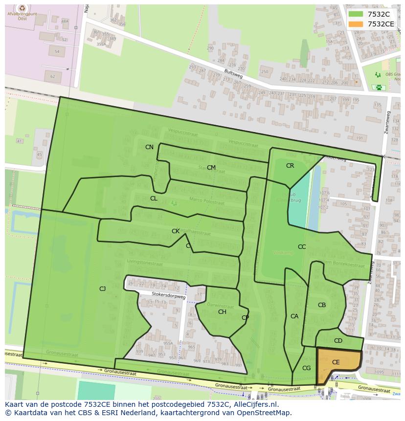 Afbeelding van het postcodegebied 7532 CE op de kaart.