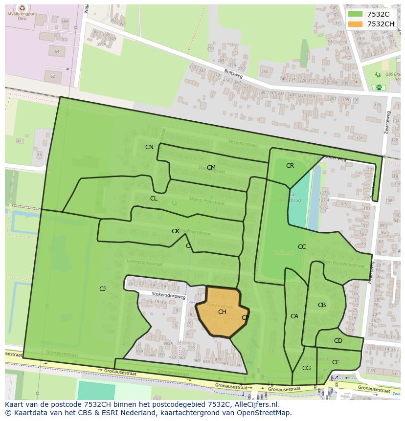 Afbeelding van het postcodegebied 7532 CH op de kaart.