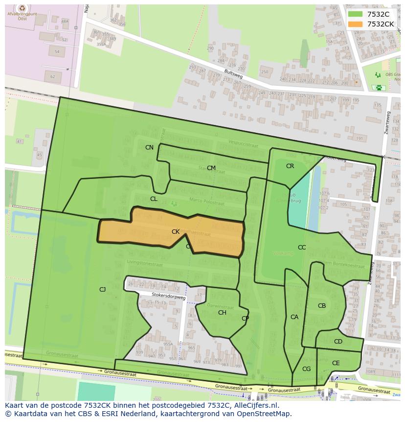 Afbeelding van het postcodegebied 7532 CK op de kaart.