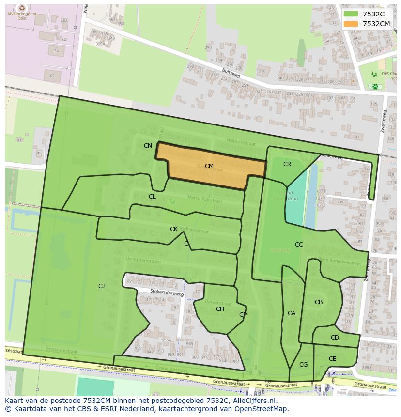 Afbeelding van het postcodegebied 7532 CM op de kaart.