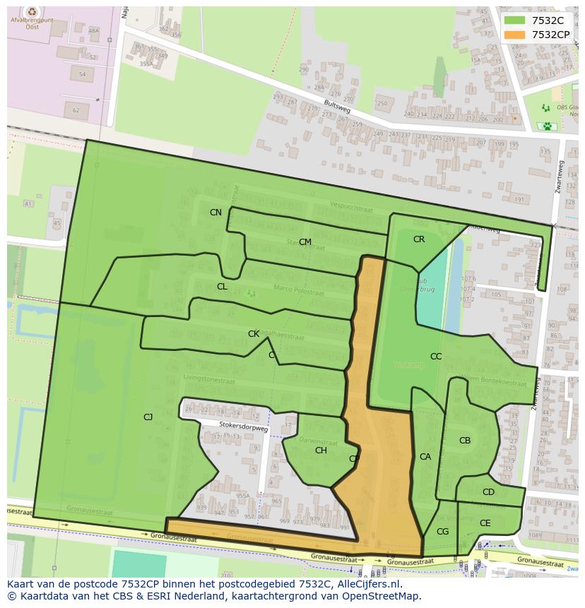Afbeelding van het postcodegebied 7532 CP op de kaart.