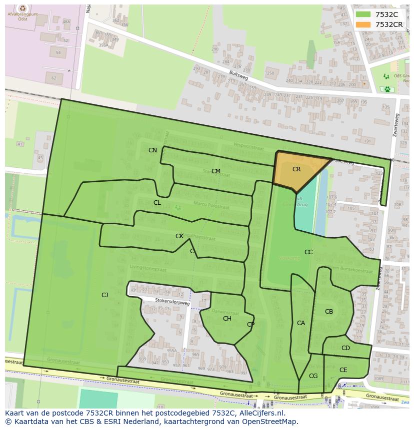Afbeelding van het postcodegebied 7532 CR op de kaart.