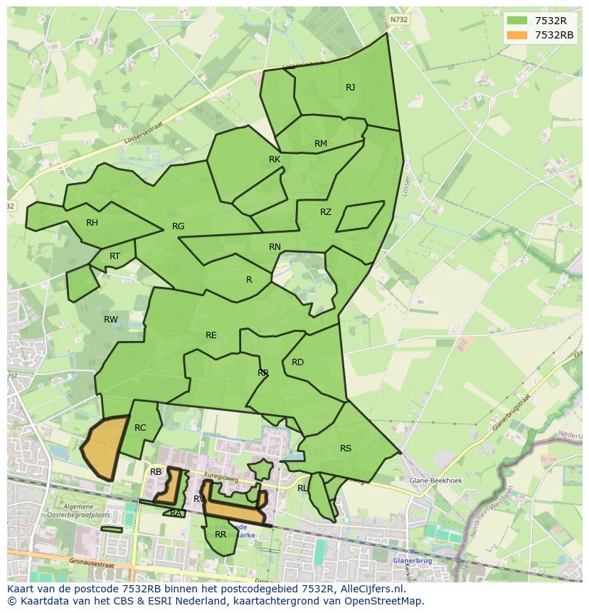 Afbeelding van het postcodegebied 7532 RB op de kaart.