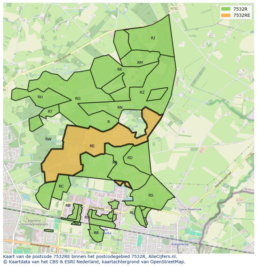 Afbeelding van het postcodegebied 7532 RE op de kaart.