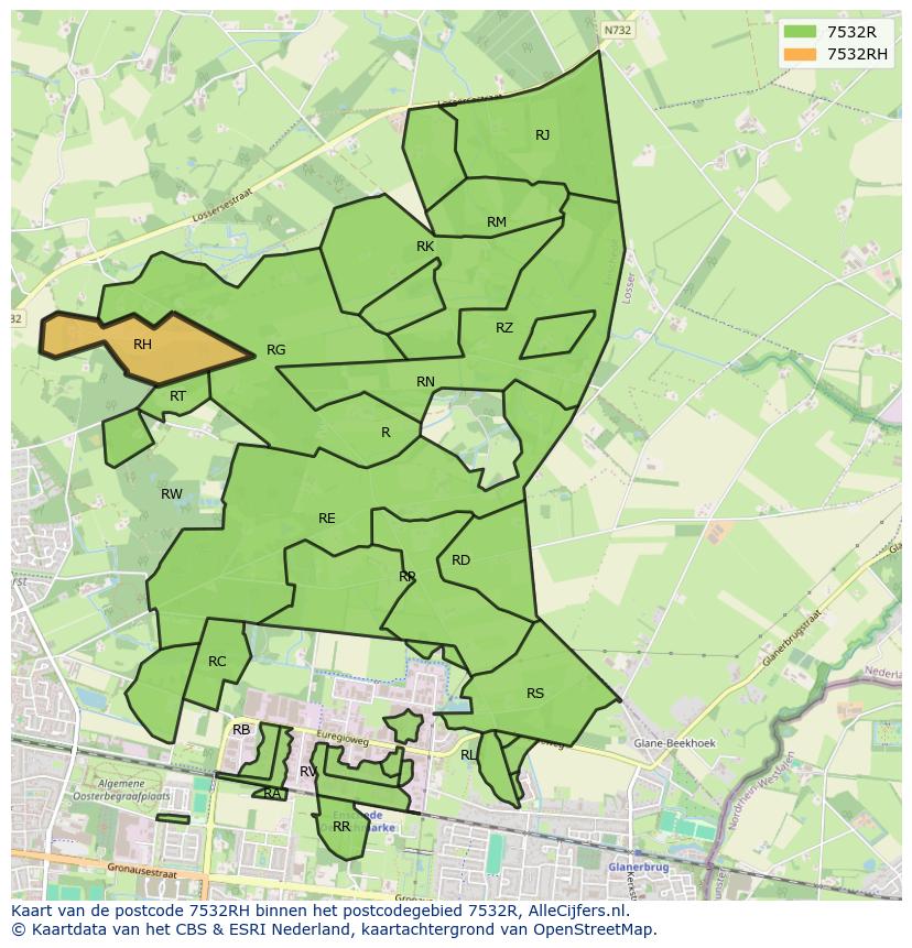 Afbeelding van het postcodegebied 7532 RH op de kaart.