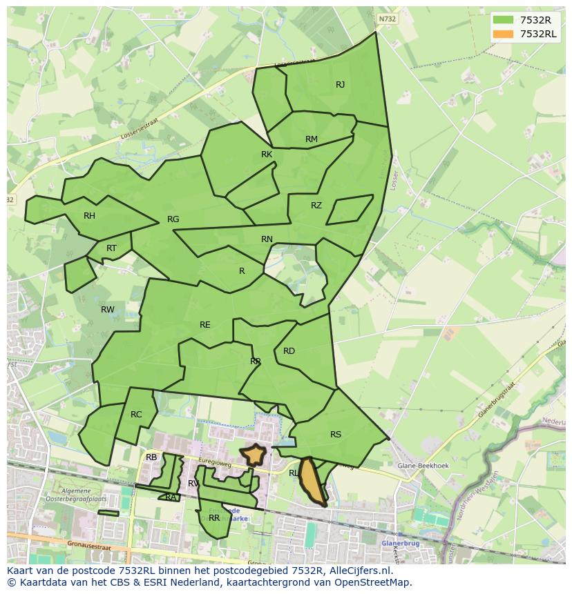 Afbeelding van het postcodegebied 7532 RL op de kaart.