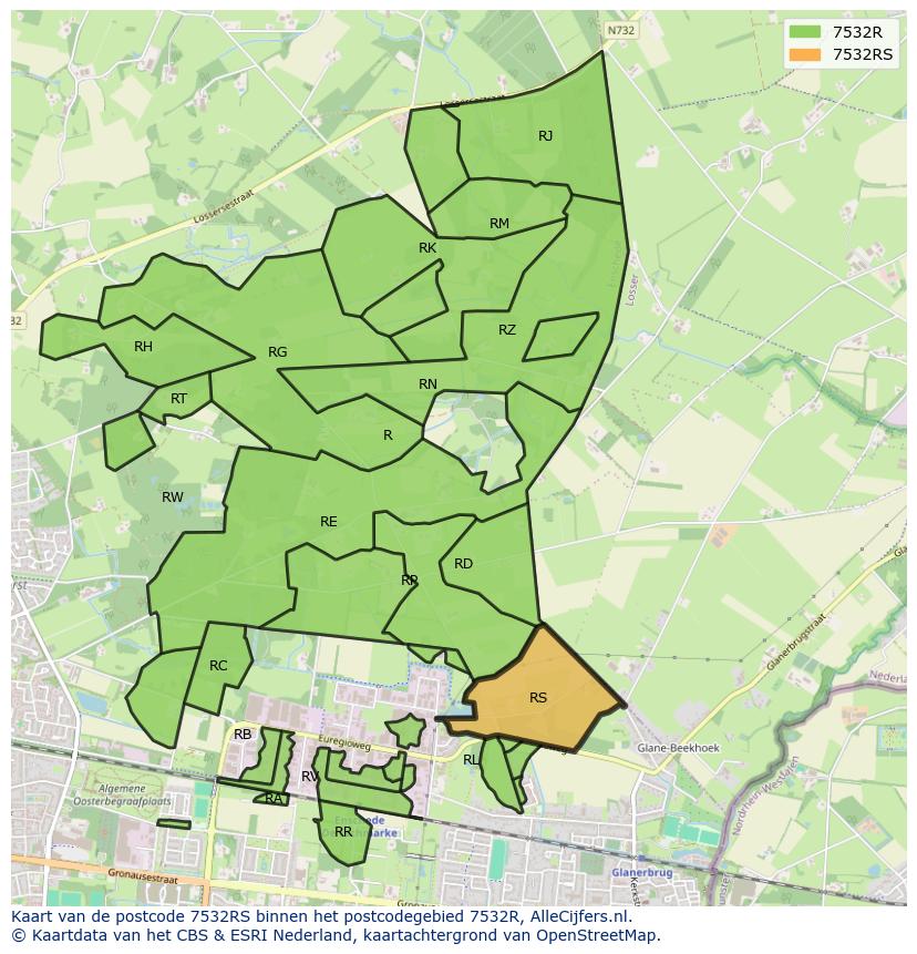 Afbeelding van het postcodegebied 7532 RS op de kaart.