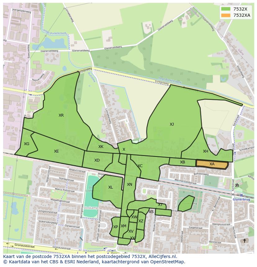 Afbeelding van het postcodegebied 7532 XA op de kaart.