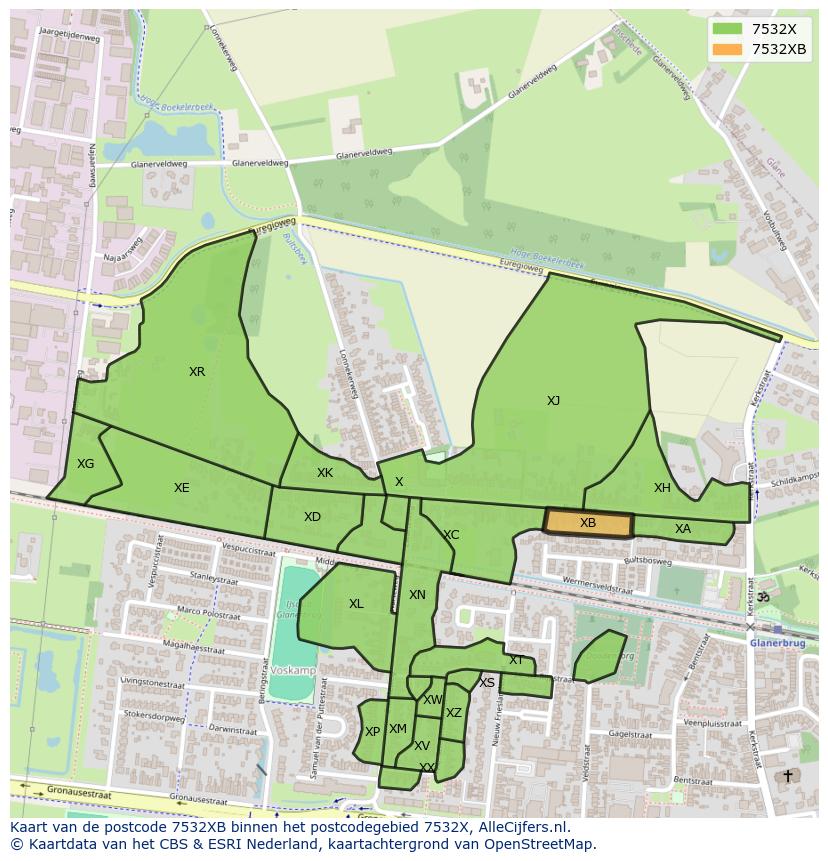 Afbeelding van het postcodegebied 7532 XB op de kaart.