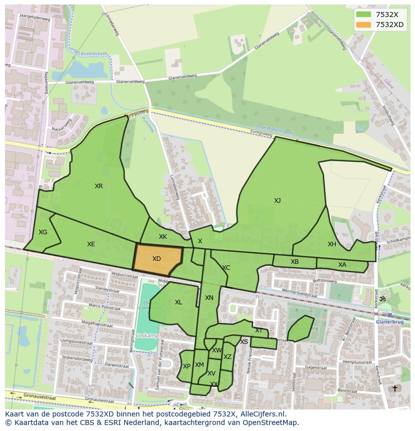 Afbeelding van het postcodegebied 7532 XD op de kaart.