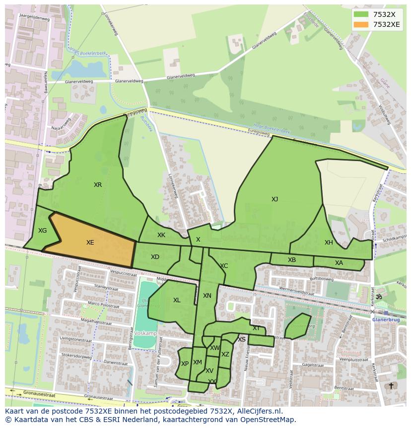 Afbeelding van het postcodegebied 7532 XE op de kaart.