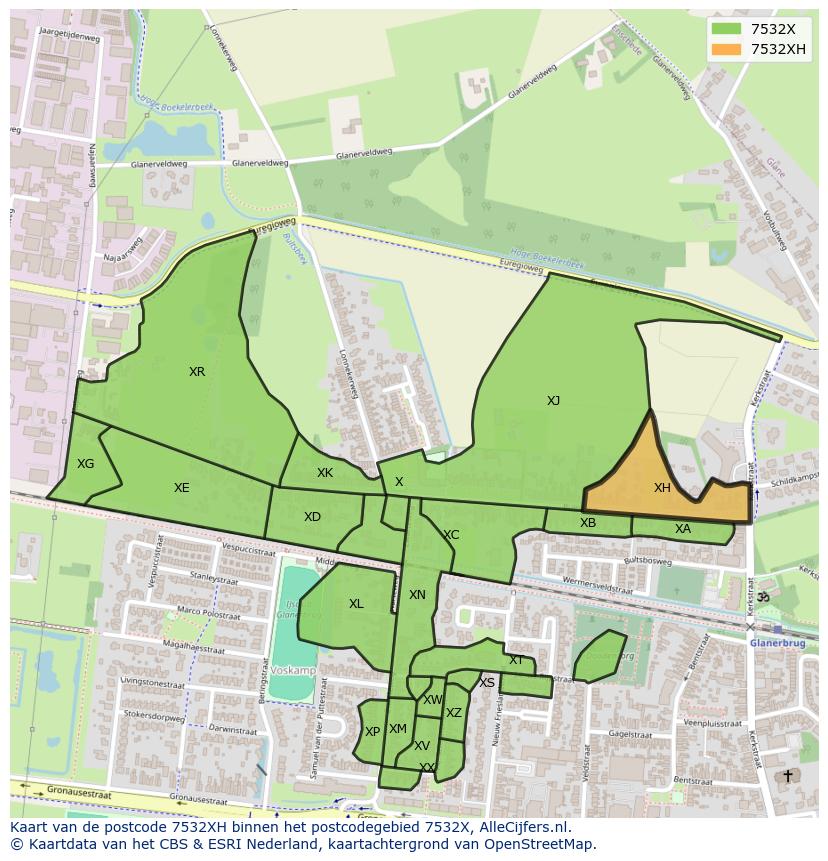 Afbeelding van het postcodegebied 7532 XH op de kaart.