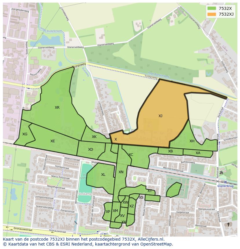 Afbeelding van het postcodegebied 7532 XJ op de kaart.