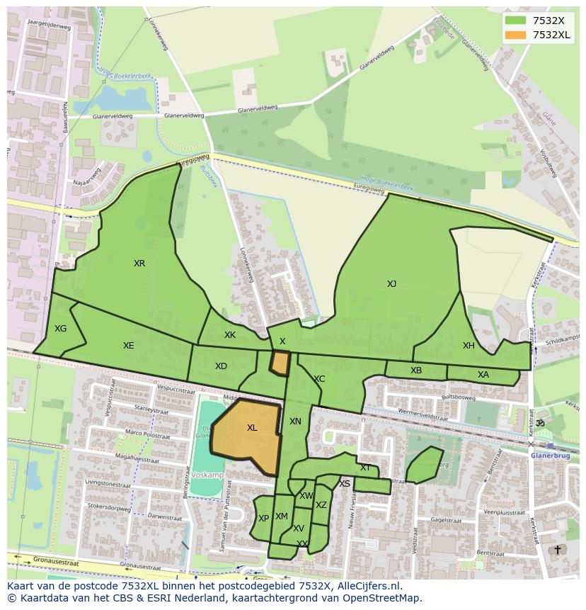 Afbeelding van het postcodegebied 7532 XL op de kaart.