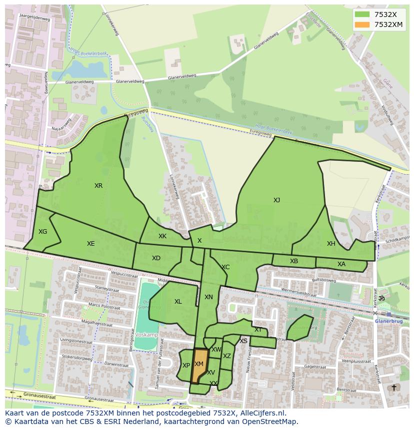 Afbeelding van het postcodegebied 7532 XM op de kaart.