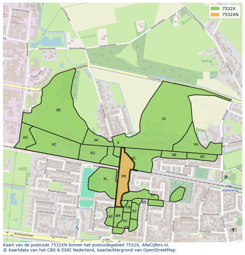 Afbeelding van het postcodegebied 7532 XN op de kaart.