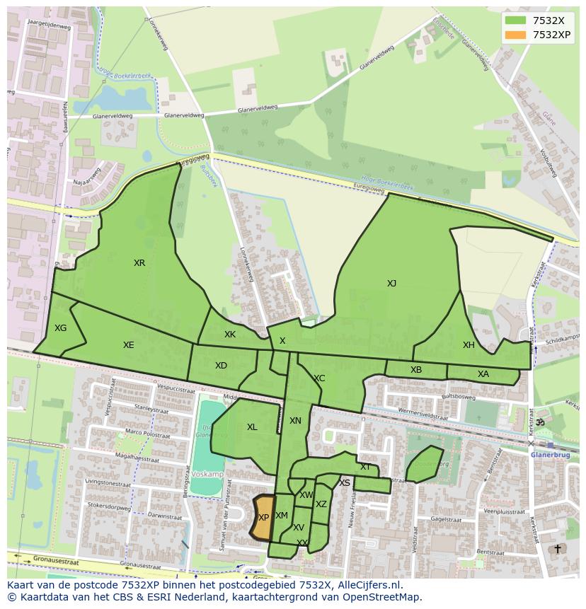 Afbeelding van het postcodegebied 7532 XP op de kaart.