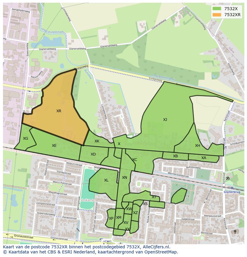 Afbeelding van het postcodegebied 7532 XR op de kaart.