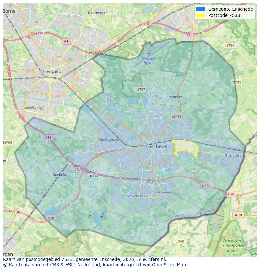 Afbeelding van het postcodegebied 7533 op de kaart.