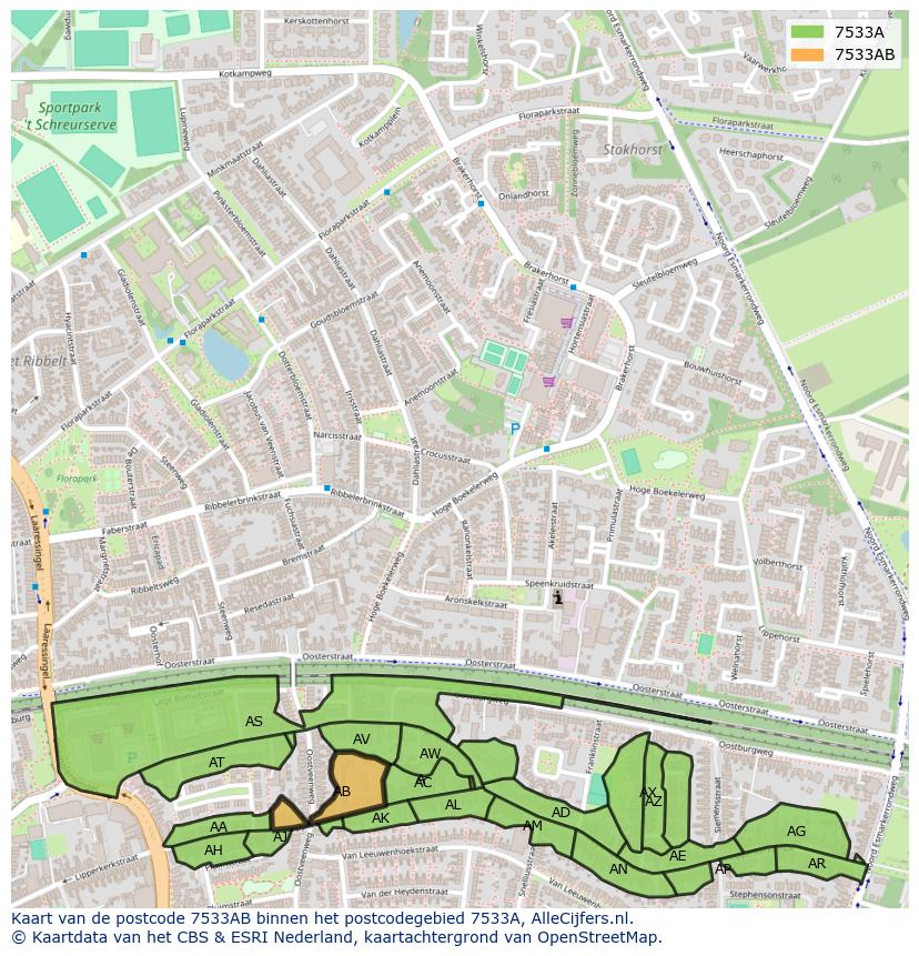 Afbeelding van het postcodegebied 7533 AB op de kaart.