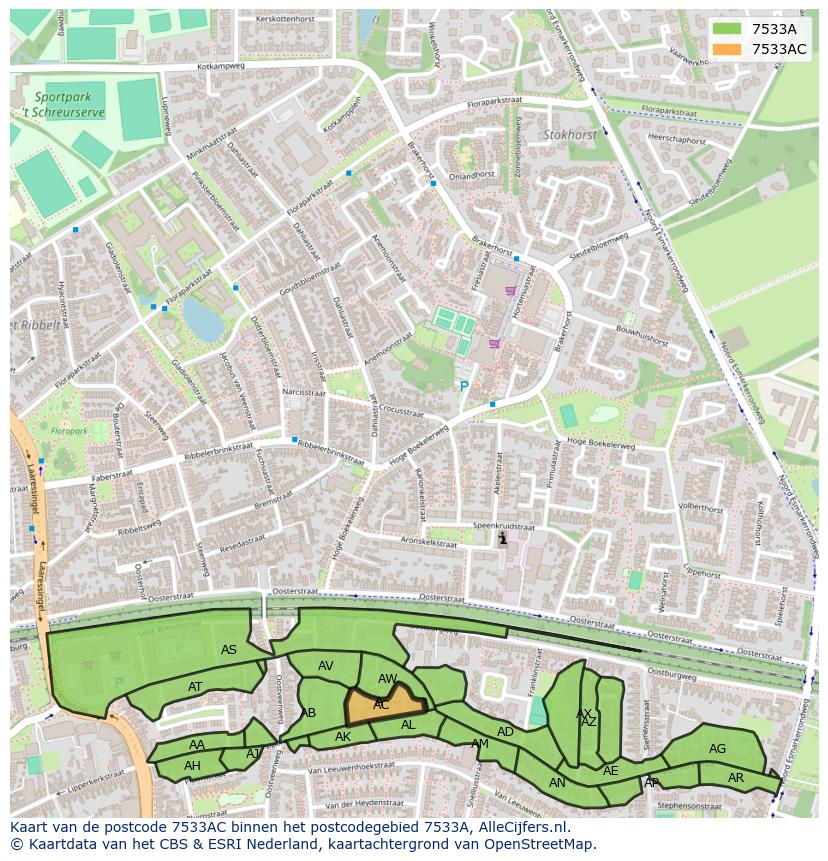 Afbeelding van het postcodegebied 7533 AC op de kaart.