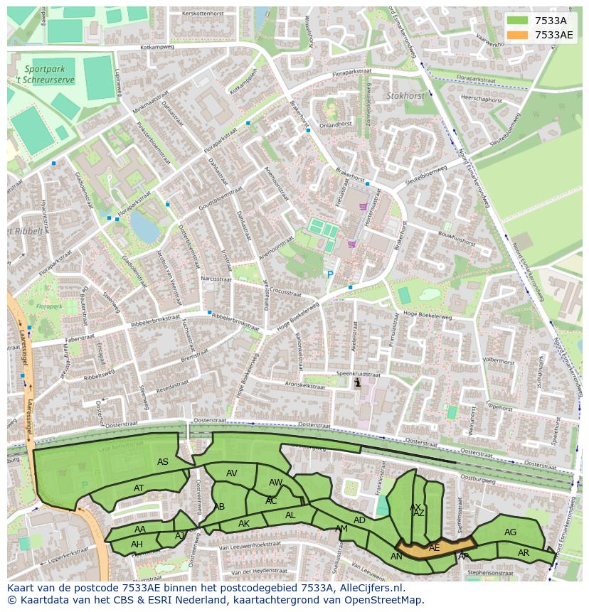 Afbeelding van het postcodegebied 7533 AE op de kaart.