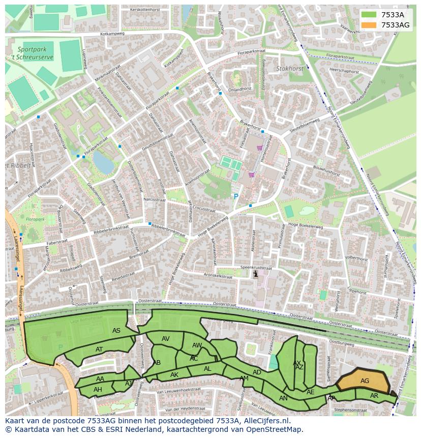 Afbeelding van het postcodegebied 7533 AG op de kaart.