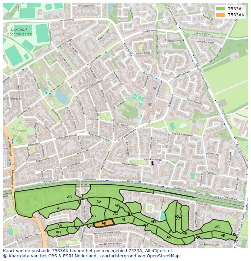 Afbeelding van het postcodegebied 7533 AK op de kaart.