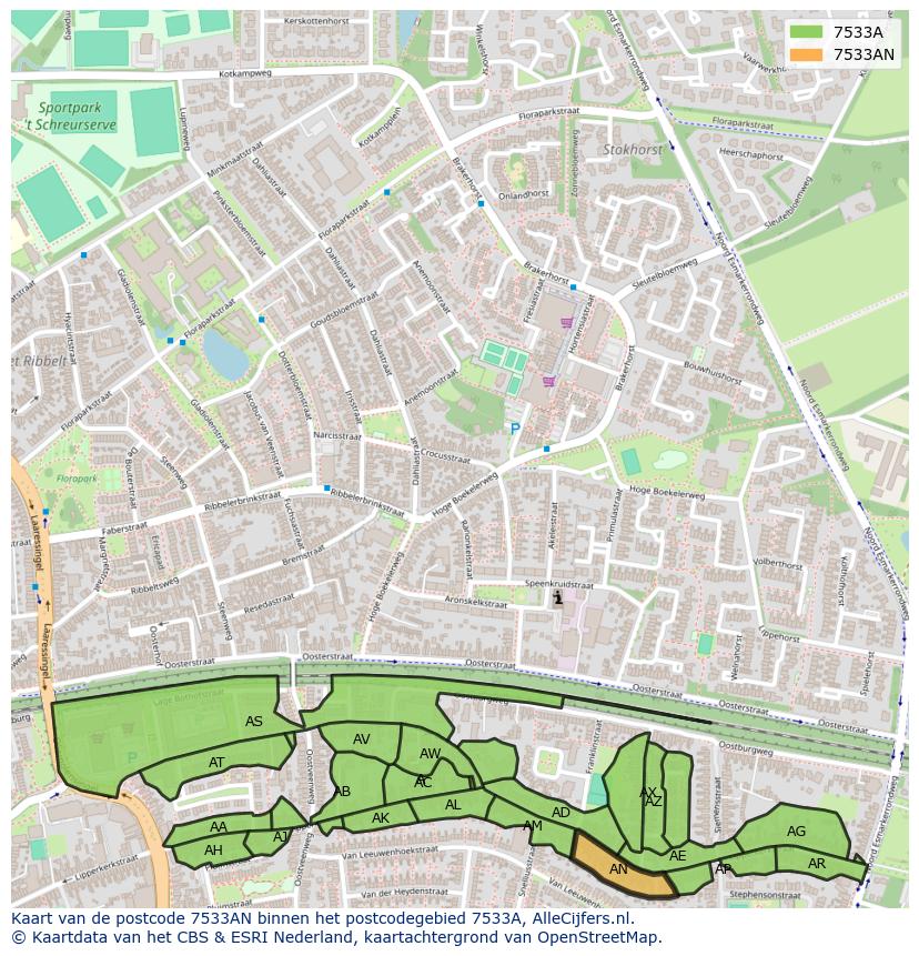 Afbeelding van het postcodegebied 7533 AN op de kaart.