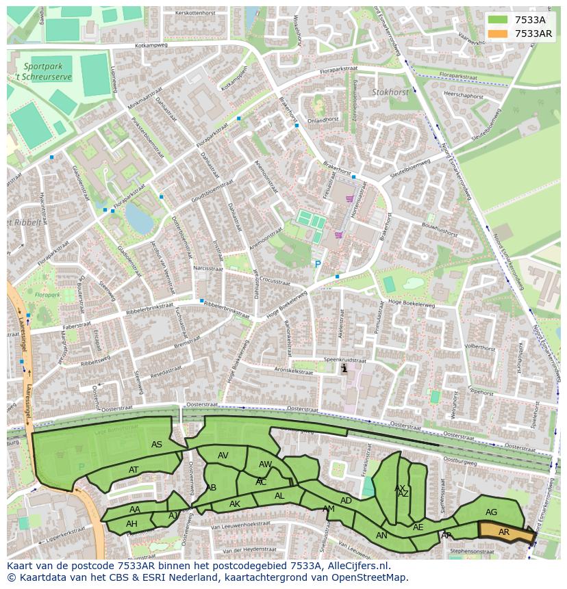 Afbeelding van het postcodegebied 7533 AR op de kaart.