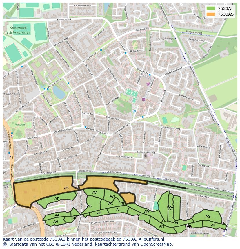 Afbeelding van het postcodegebied 7533 AS op de kaart.