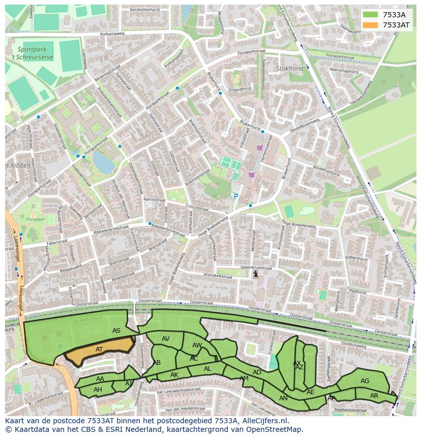 Afbeelding van het postcodegebied 7533 AT op de kaart.