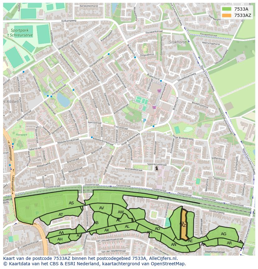 Afbeelding van het postcodegebied 7533 AZ op de kaart.