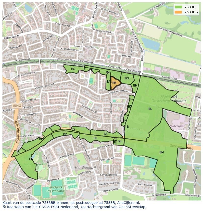 Afbeelding van het postcodegebied 7533 BB op de kaart.