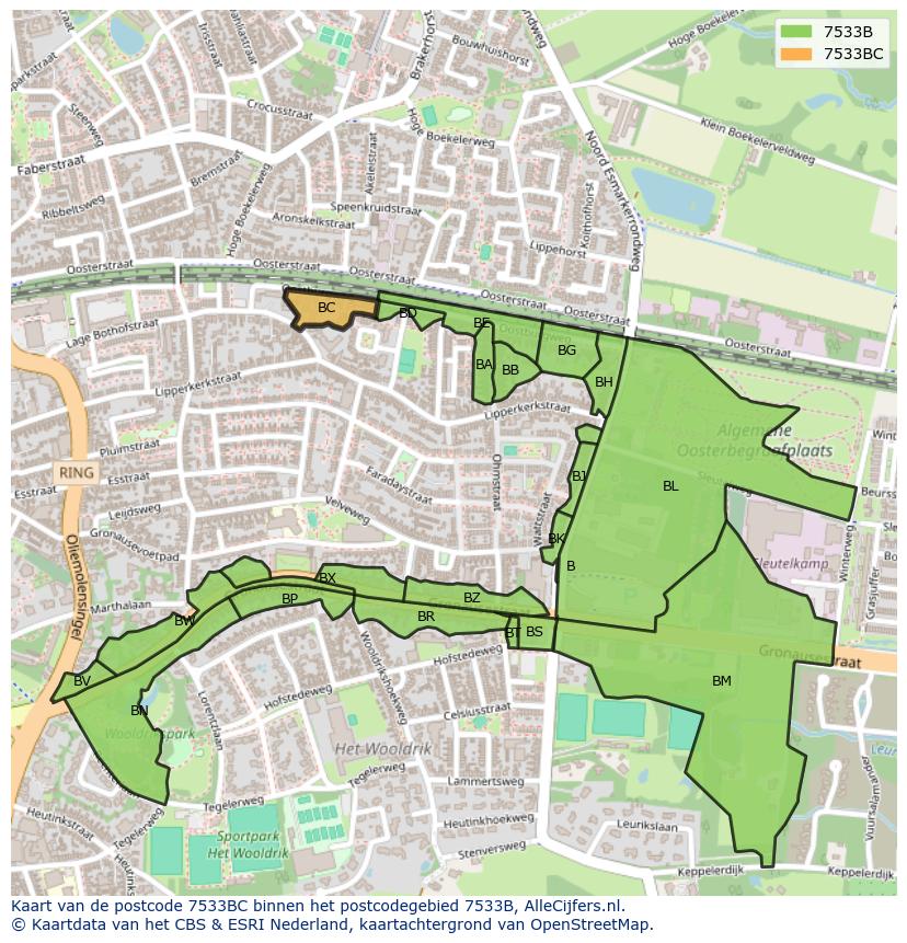Afbeelding van het postcodegebied 7533 BC op de kaart.