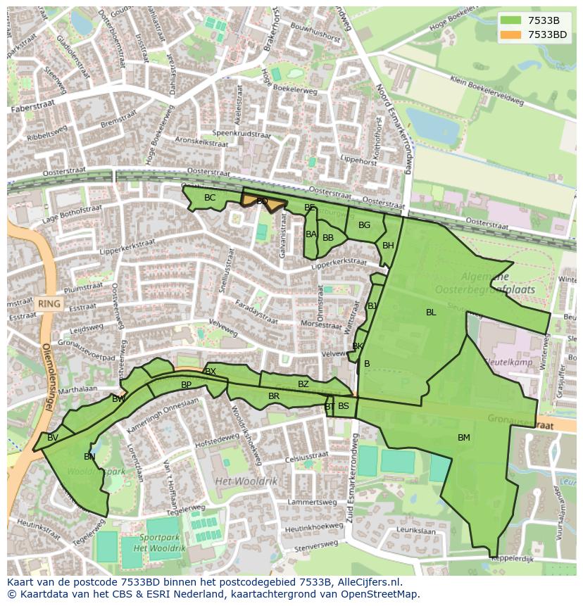 Afbeelding van het postcodegebied 7533 BD op de kaart.