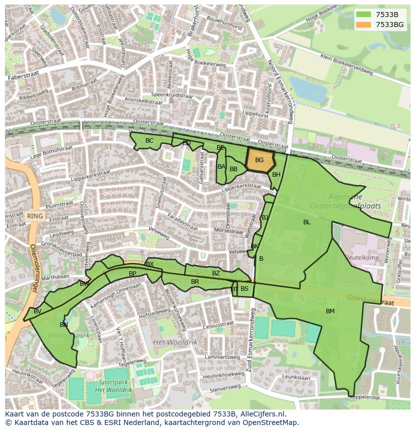 Afbeelding van het postcodegebied 7533 BG op de kaart.