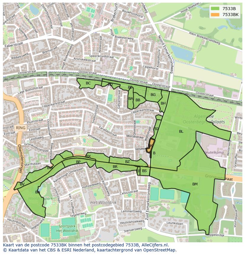 Afbeelding van het postcodegebied 7533 BK op de kaart.