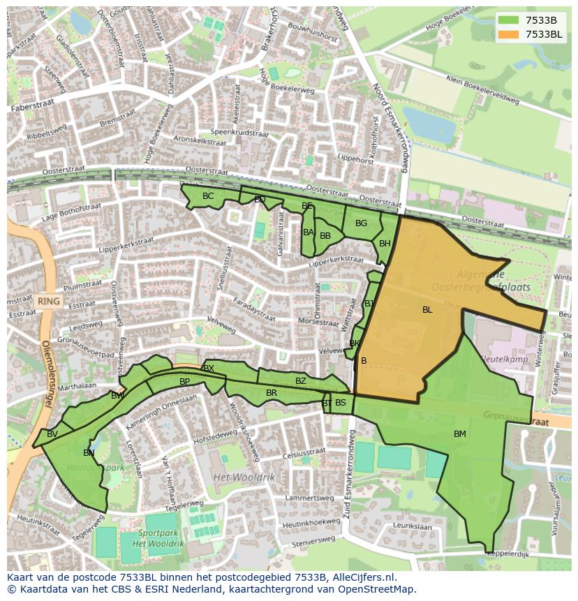 Afbeelding van het postcodegebied 7533 BL op de kaart.