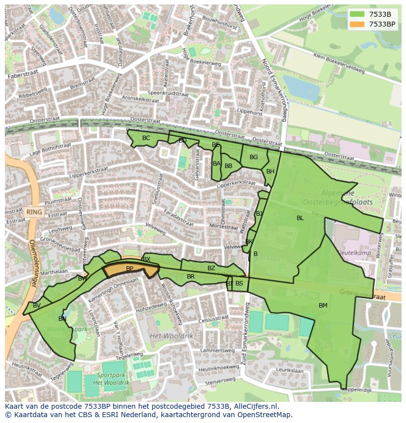 Afbeelding van het postcodegebied 7533 BP op de kaart.